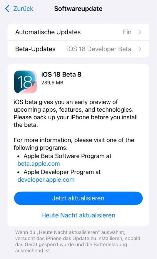 富县苹果手机维修分享苹果 iOS / iPadOS 18 开发者预览版 Beta 8 发布 